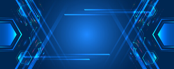 Hi-tech digital technology and engineering concept. Wide Sci fi template with polygons. Abstract hexagons science on the blue background.