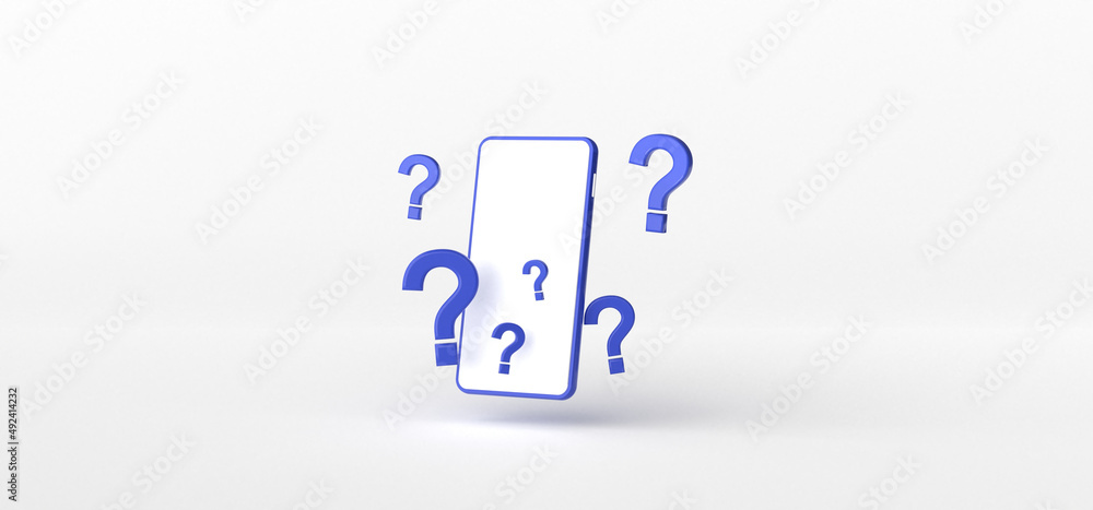 Aufkleber smartphone and question mark isolate on white background, 3d rendering.