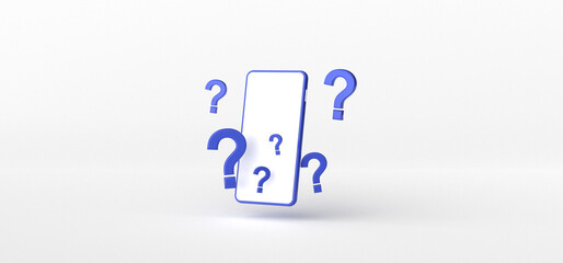 Smartphone and Question mark isolate on White background, 3d rendering.