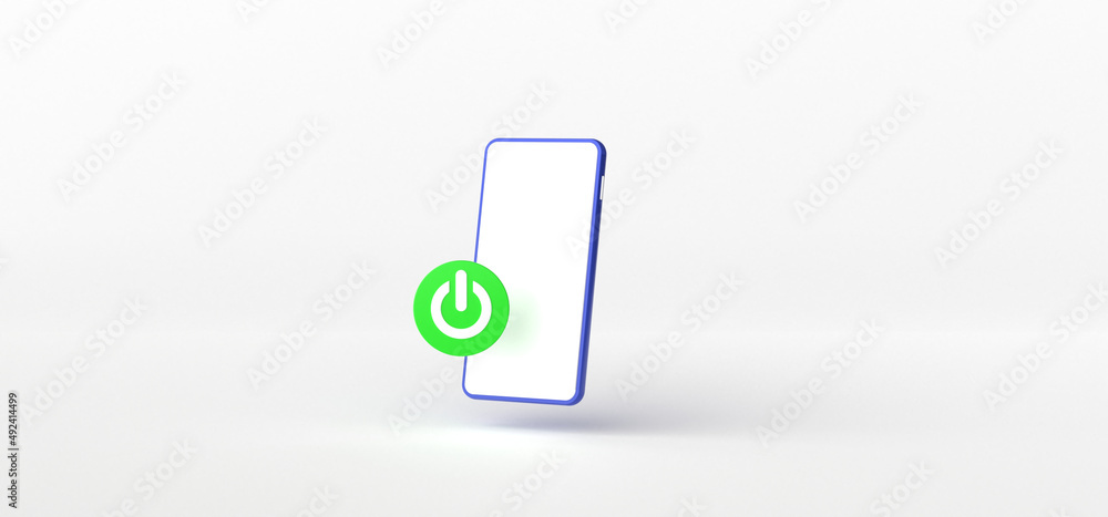 Poster smartphone and power button isolate on white background, 3d rendering.