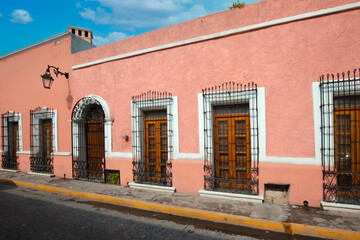 Fototapeta na wymiar Mexico, Monterrey, colorful historic houses in Barrio Antiguo, a famous tourist attraction.