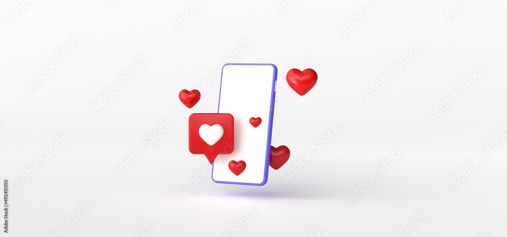 Poster smartphone and heart bubble on isolate background, 3d rendering.
