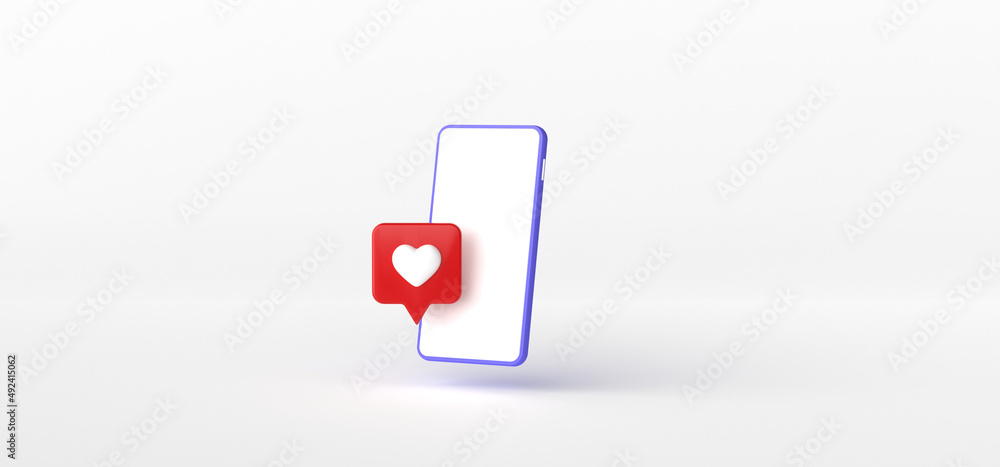 Poster smartphone and heart bubble on isolate background, 3d rendering.