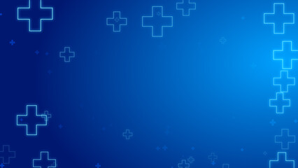 Medical health blue cross neon light shapes pattern healthcare technology background.