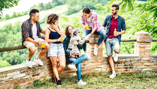Young friends playing with dog at pic nic by countryside farm house - Healthy alternative life style concept with happy millenial people having fun together out side at garden party - Bright filter