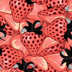 Seamless repeat pattern with  strawberries in cartoon.Juicy berries are arranged in a chaotic manner.Bold vintage background and texture for printing on fabrics and paper.Trendy vector illustration.