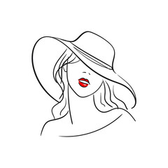 Portrait of a woman in a hat with red lips. Stock vector illustration isolated on white background.