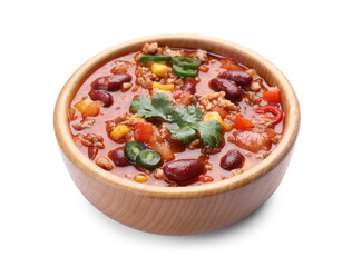 Bowl with tasty chili con carne on white background