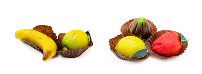 Fresh marzipan fruits isolated on white background
