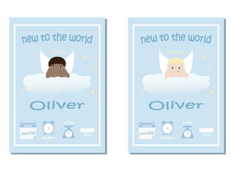 Poster de an&uacute;ncio de nascimento com anjos em dois tons de pele - negra e branca. Ilustra&ccedil;&atilde;o vetorial.