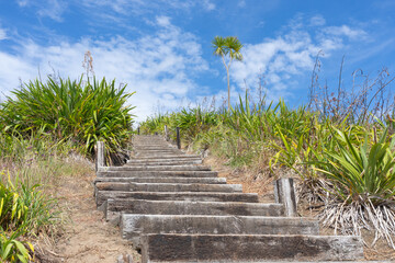 Steps leading to top of hill and lookout over The Lakes residential suburb
