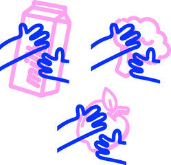 illustration hands and fruits in line style on white background