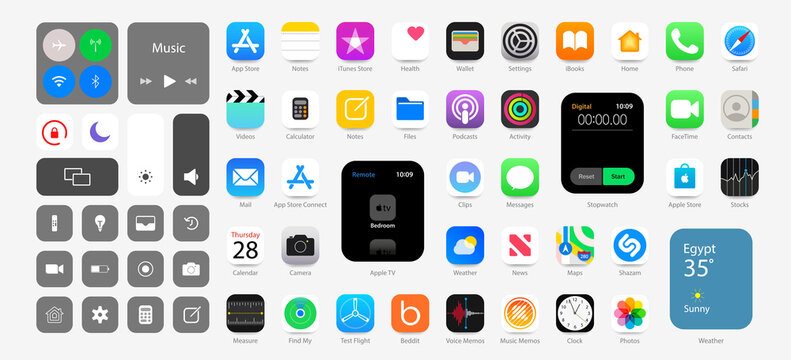 IOS 15 icons Apple inc: Apple Store, Apple ID, Swift UI, CardPointers, Widgets, SharePlay, Podcasts, iTunes, iBooks, Apple TV, Clock, Wallet, Notes, Phone, Maps etc. Kyiv, Ukraine - March 13, 2022
