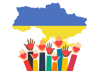 No War in Ukraine. Stop aggression. National Ukrainian flag. Territory of Ukraine. Raise hands. Hand gesturing. Arms raised with heart support. Vector illustration