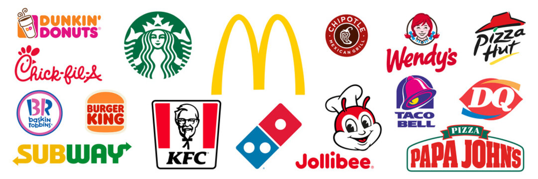 Fast food restaurant: McDonalds, Starbucks, Subway, KFC, Burger King, Taco Bell, Wendy's, DQ, Pizza Hut, Chick-fil-A, Dunkin Donuts, Chipotle Mexican, Papa John's, Baskin-Robbins, Jollibee, Domino's
