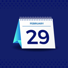 White and blue calendar on Navy blue background. February 29th. Vector. 3D illustration.