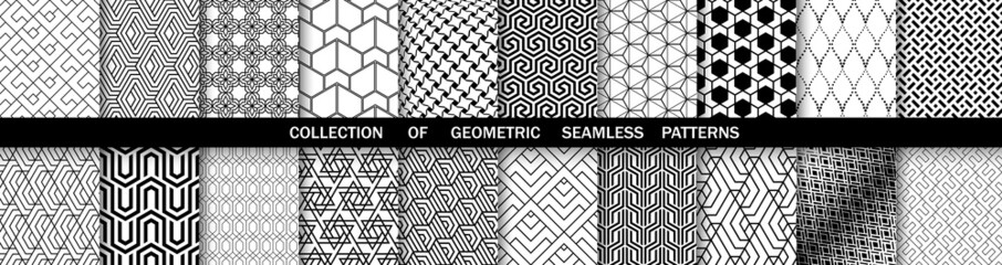 Geometric set of seamless black and white patterns. Simple vector graphics