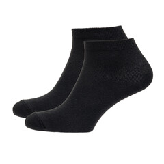 A pair of fabric socks stands on a white isolated background. Volumetric socks on a transparent mannequin. Black men's socks.