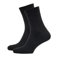 A pair of fabric socks stands on a white isolated background. Volumetric socks on a transparent mannequin. Black men's socks.