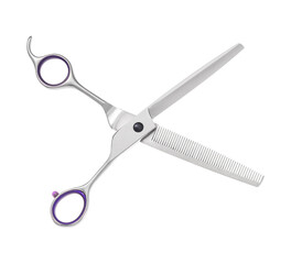 Scissors for cutting people and pets. Grooming scissors. Opened scissors on a white isolated background. Side view.