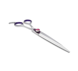 Scissors for cutting people and pets. Grooming scissors. Closed scissors on a white isolated background. Angle view.