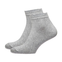 A pair of fabric socks stands on a white isolated background. Volumetric socks on a transparent mannequin. Gray socks.