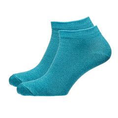 A pair of fabric socks stands on a white isolated background. Volumetric socks on a transparent mannequin. Blue socks.