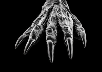 Creepy monster hand isolated on black background with clipping path