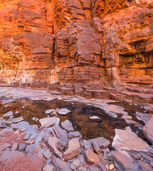 Close up of a steep wall of the narrow slot canyon Knox Gorge in Karijini National Park, Western Australia
