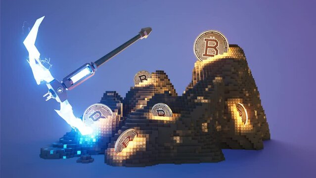 Mining Bitcoin Voxel High Voltage Energy Pick Axe Thunderbolt 3D Render