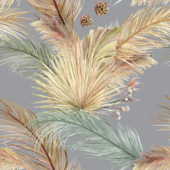 Watercolor seamless pattern with dry palm leaves on a gray background in boho style for textile