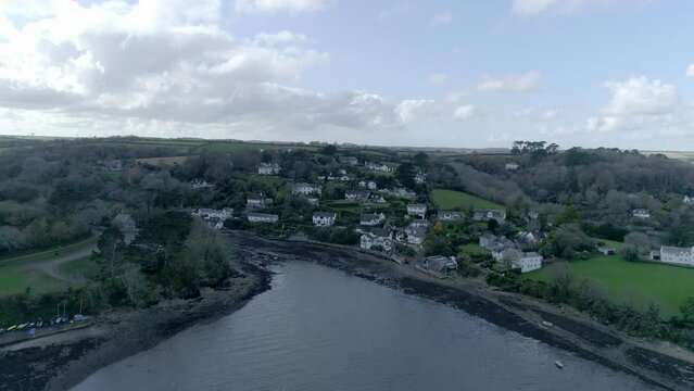 Aerial overlooking Helford village, England. Fishing village in the county of Cornwall