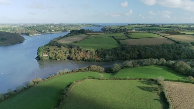 Aerial of the Helford river and the surrounding agricultural countryside