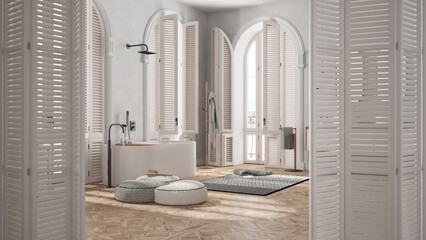 White folding door opening on minimalist bathroom in classic apartment, parquet, freestanding bathtub, washbasin, modern rack with towels, carpet, decors, architect designer concept