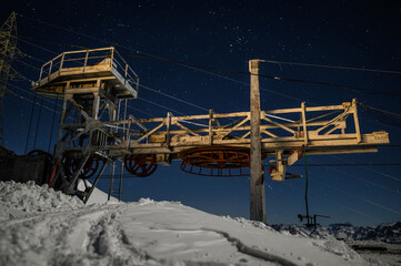 Old funicular at night Elbrus. Elbrus mountains, Russia, december 2019.