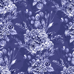 Botanical pattern in blue shades with hydrangea flowers and vintage roses drawn in pencil on a dark blue background. Seamless print for textile and surface design