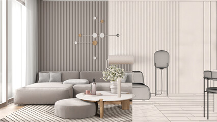 Paint roller painting interior design blueprint sketch background while the space becomes real showing living room. Before and after concept, architect designer creative work flow