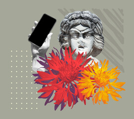 Fashion collage in magazine and pop art style. Statue holding modern blank frameless screen smartphone in a palm.