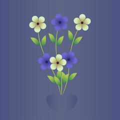 Different flowers in pot Bouquet of flowers on blue gradient background Card or postcard templates with flowers Vector illustration Isolated