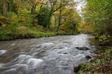 Long exposure of the East Lyn River flowing through the woods at Watersmeet in Exmoor National Park in autumn