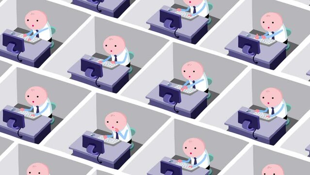 Cartoon office employees in cubicles – explainer style color. Workers in a big office. They are working all day with no break. Seamles loop of the futuristic society.