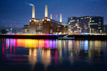 View of Battersea Power Station seen from the north side of the river Thames