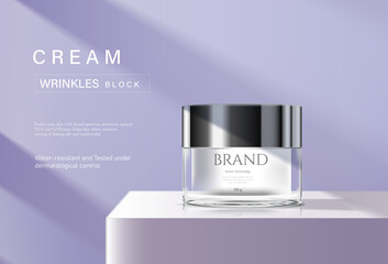 Cream cosmetic cream on a white stage with light purple background plant in 3d illustration. Beauty cream ads template.