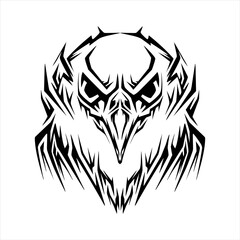 hand drawn eagle head tribal art in black and white