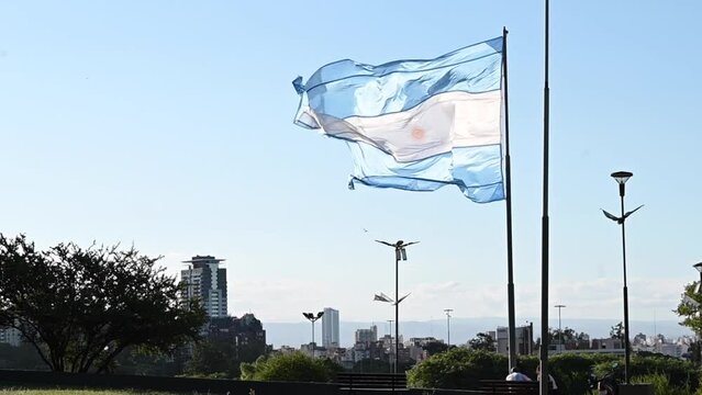 Argentine flag flaming in slow motion in the wind