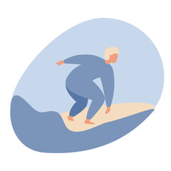 Fototapeta na wymiar Male surfer abstract character in swimsuit riding on ocean wave. Summer water sport with surfboard, surfing club or school, active hobby