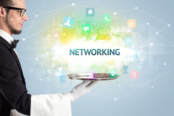 Waiter serving social networking concept