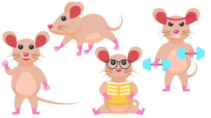 Set Abstract Collection Flat Cartoon Different Animal Mouse Mice, Stand, Reading A Book, Goes In For Sports With Dumbbells Vector Design Style Elements Fauna Wildlife