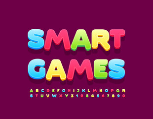 Vector colorful Emblem smart Games. Bright Kids Font. Creative set of Alphabet Letters and Numbers
