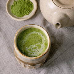 Traditional hot green tea matcha in ceramic cup